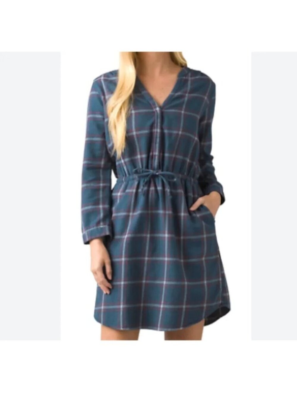 Prana Loop to Pines Dress Blue Size L Organic Cotton Plaid Flannel Granola
